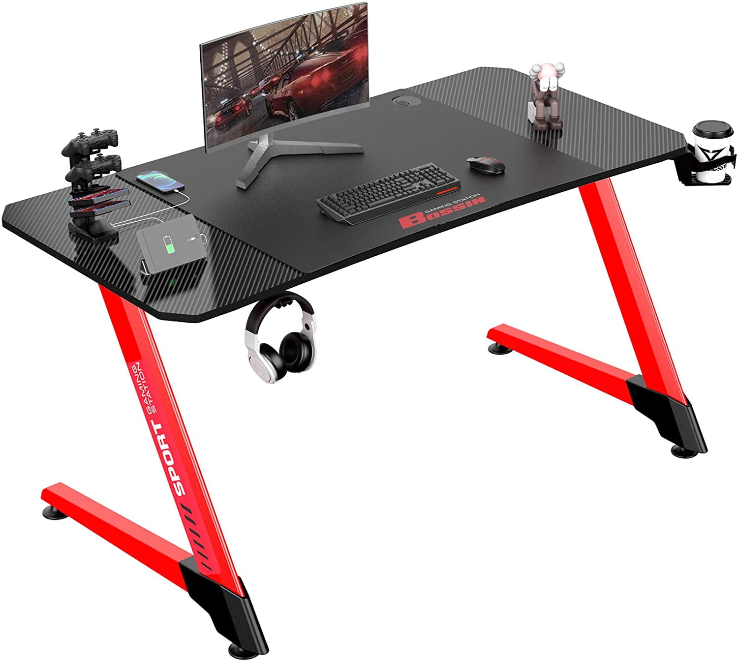  Sleepmax 63 Inch Gaming Desk, Heavy-Duty Gaming Computer Table  with Carbon Fiber Surface & Large Mouse Pad, Black PC Desk Gamer Setup with  Cup Holder, Headphone Hook & Adapter Organizer 