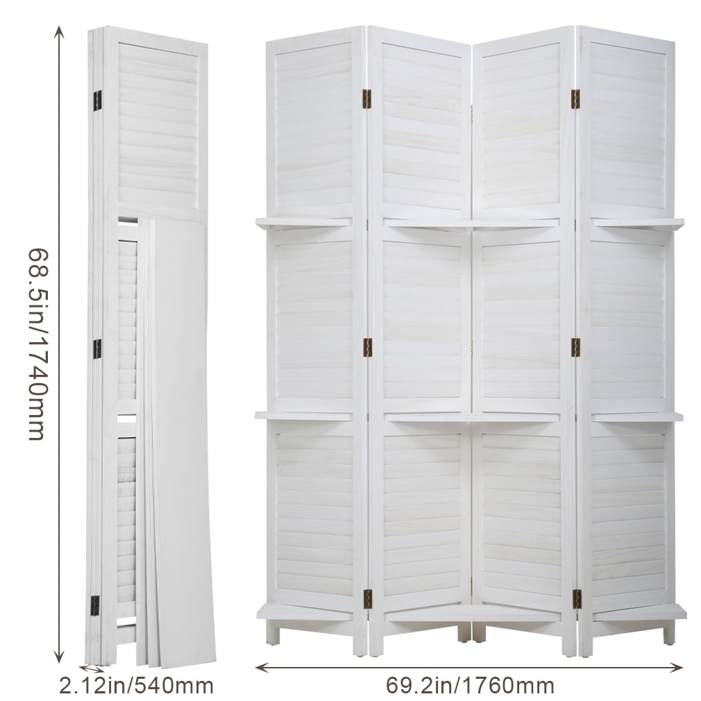 NiamVelo 4 Panel Wood Room Divider Folding Privacy Screen Portable Freestanding Room with 3 Shelves for Home Office, White