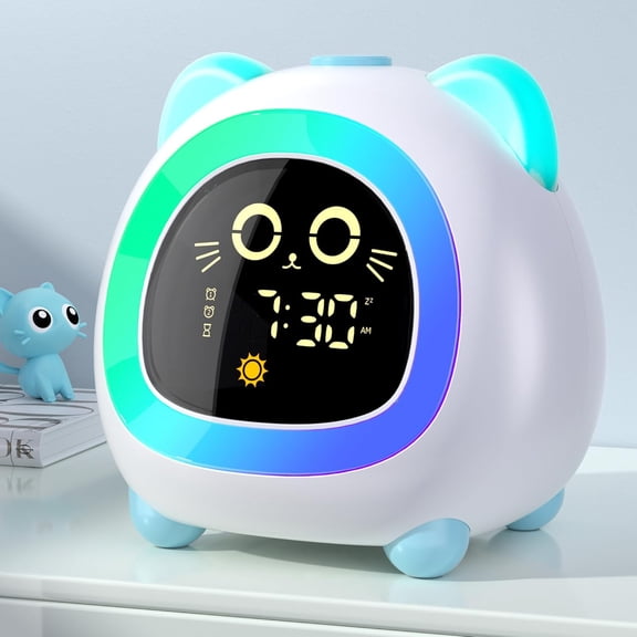 Sailstar Kids Alarm Clock, Ok to Wake Sleep Training Clock with Night Light, Dual Alarm, Auto-Off Display, Blue Cat Design