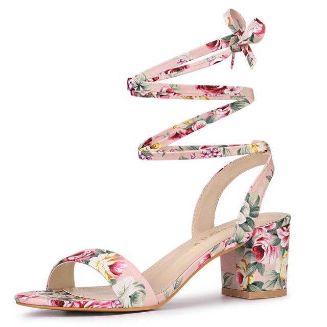 Sandalias Punta Abierta Grueso Tacón Medio Cordón Arriba Para Mujer Rosa Flores 36