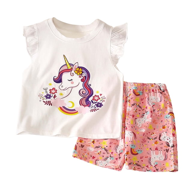 Wxirdiow Girls Spring Outfits Girls Summer New Comfortable And Fashionable Set With Cute Cartoon Pattern White Size,6-12 Months