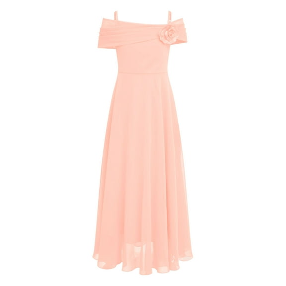 Miutii Kids Girls Off Shoulder Wedding Bridesmaid Dress 3D Applique Flower Girl Chiffon Dress Pageant Pink 16