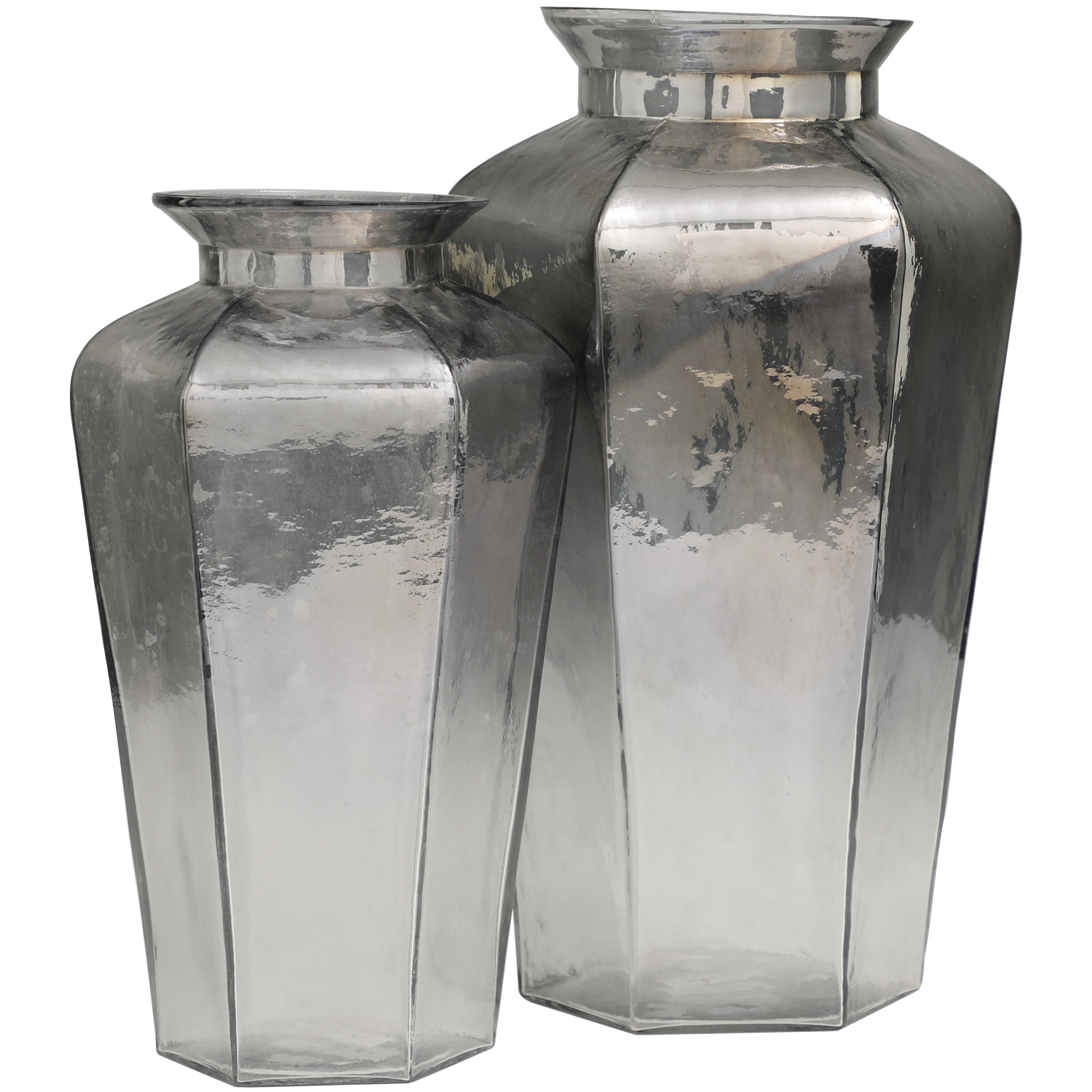 DecMode 13", 11"H Geometric Hexagon Gray Glass Vase, Set of 2