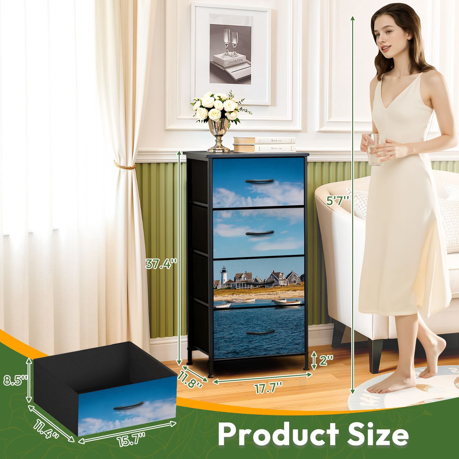 4 Drawer Vertical Storage Dresser Cape cod houses by sea with Wood Top Fabric Pull Drawers