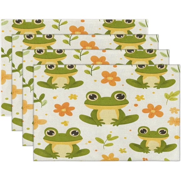 Animal Cartoon Frog Placemats Set of 4 Linen Fabric Place Mats Heat Resistant Machine Washable Placemats Non-Slip Place Mat for Kitchen Dining Table