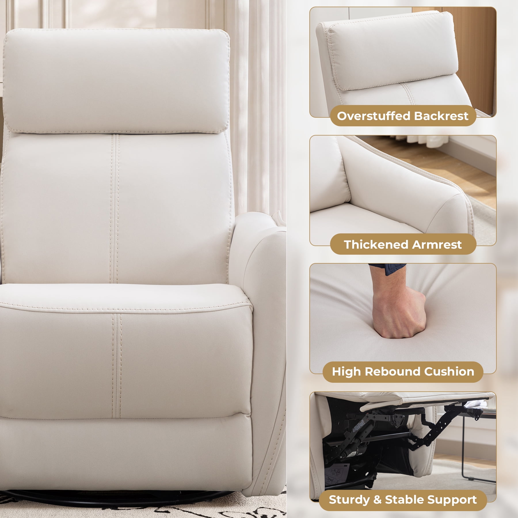 Ebello Power PU Leather Swivel Rocker Recliner, Electric Swivel Glider Chair with USB & Type-C Ports for Nursery, Living Room, Beige