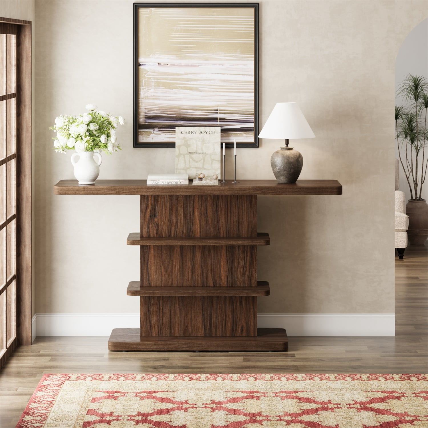 Hommoo 63" Vintage Narrow Console Table with 2-Tier Open Storage Shelves,Stylish Design High Weight Capacity, Suitable for Living Room,Hallway, Walnut