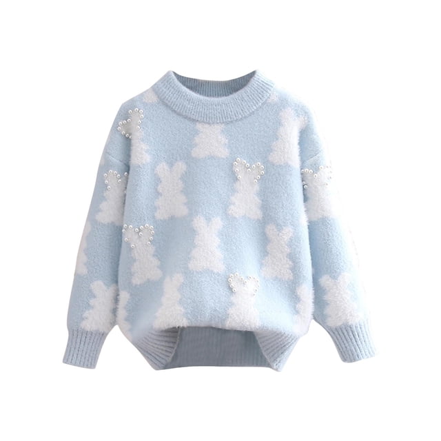 Chandail pour Bébé Fille Col Rond Manches Longues Imprimé Dessin Animé Pull Tricoté Automne Hiver Chandail en Molleton Bleu Clair