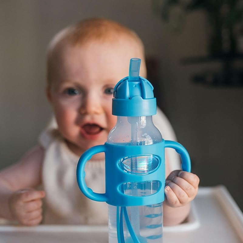 Milestones Narrow Sippy Straw Bottle, Spill-Proof with 100% Silicone Handles and Weighted Straw, 8 oz/250 mL, Gray & Blue, 6m+