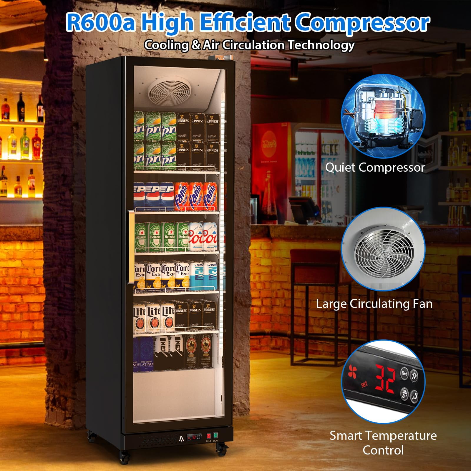 Danolapsi Commercial Refrigerator, Display Fridge Merchandiser Upright Beverage Cooler, Single Glass Door Fridge with Adjustable Shelves & Drink Organizers, 12.4 Cu. Ft. Black