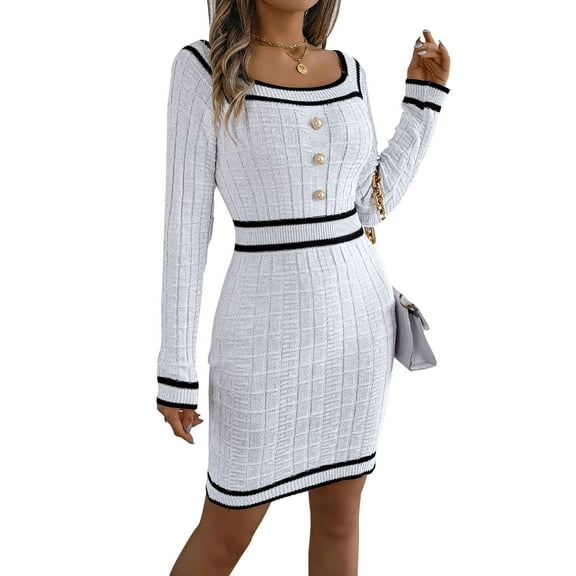 Deago Women's Ribbed Knit Bodycon Sweater Dress Button Long Sleeve Square Neck Elegant Midi Pullover Dresses (White, L)