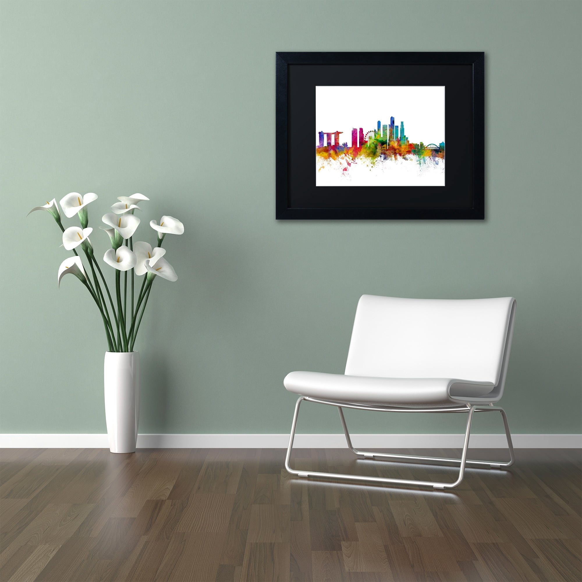 Trademark Fine Art "Singapore Skyline II" Canvas Art by Michael Tompsett Black Matte, Black Frame