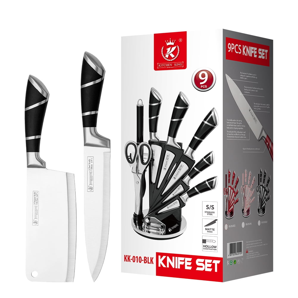 Knife Set 8 Pieces Black Kitchen Knife Set with Acrylic Stand, High Carbon Stainless Steel,KEPEAK Non Stick Coated Knife Block Set, No Rust, Non Slip Handle, Sharp Knife
