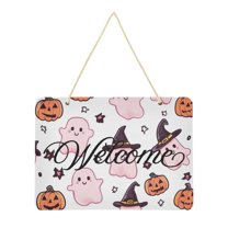 Cute Pink Ghost and Pumpkin Welcome Sign Front Door PVC 14x10 inch Hanger Hello Sign Farmhouse Wall Porch Home Outside Decor