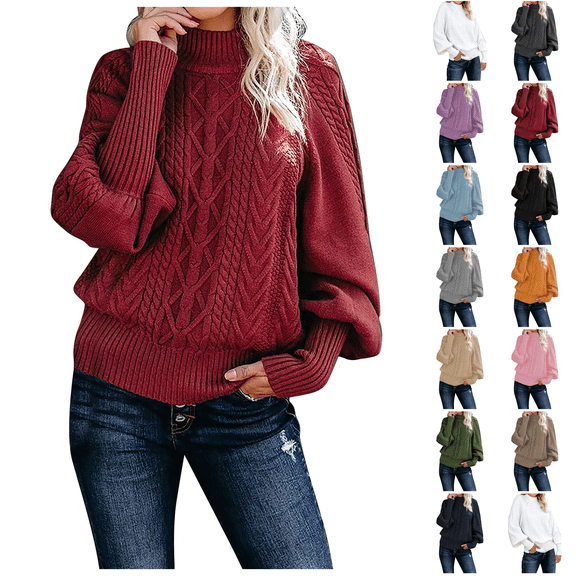 Pullover Sweaters for Women Oversized Crewneck Cable Knit Sweaters Fall Fashion Wine M