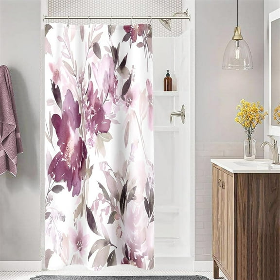 Small Stall Shower Curtain 36 x 72 Inch, Half Narrow Watercolor Floral Fabric Shower Curtain, Modern Abstract Mauve Flower Bathroom Shower Curtain Set with Hooks