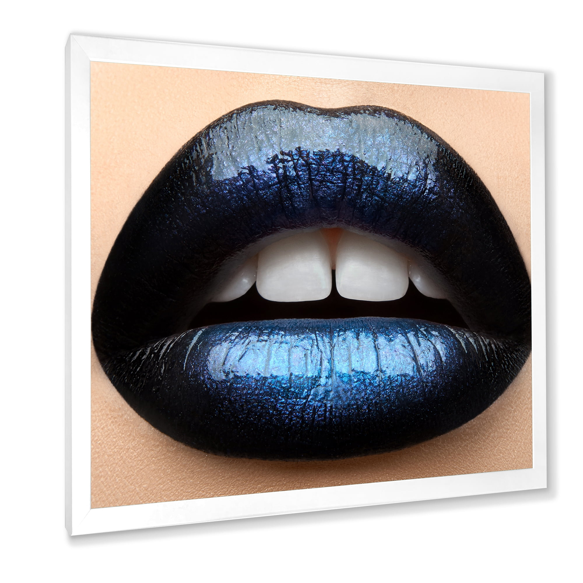 Designart 'Girl Lips With Black and Blue Lipstick' Modern Framed Art Print