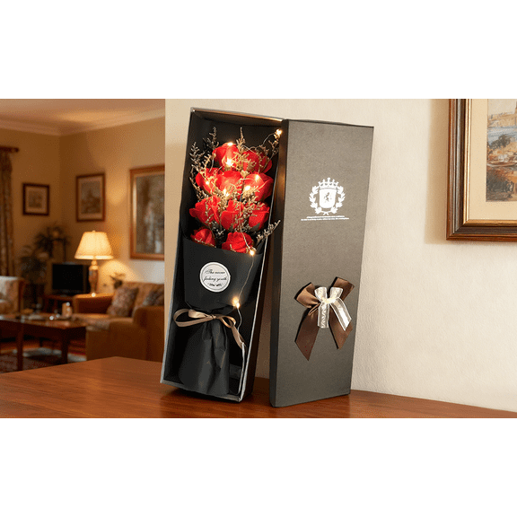11 Red Roses Soap Flower Present Box, with LED Lights, Romantic Preserved Flower Bouquet, in Coffee Color Long Gifts Box with Ribbon, Valentine's Day Gifts, Birthday, Anniversary