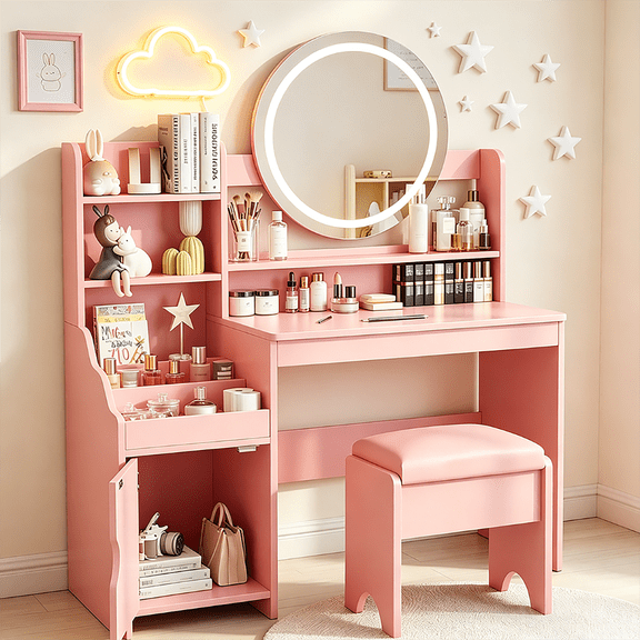 Veanerwood Kids Vanity with Chair, Vanity Desk for Girls with Open Bookshelf & Large Storage Space, Pink