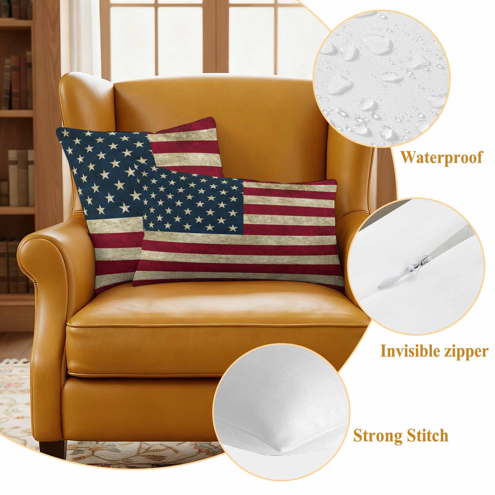 Vintage American Flag Outdoor Waterproof Pillow Covers, Shabby US Star Strips Flag Decorative Square Throw Pillowcase Sofa Cushion Sham for Patio/Couch/Chair, 18"x18" 2 Pack