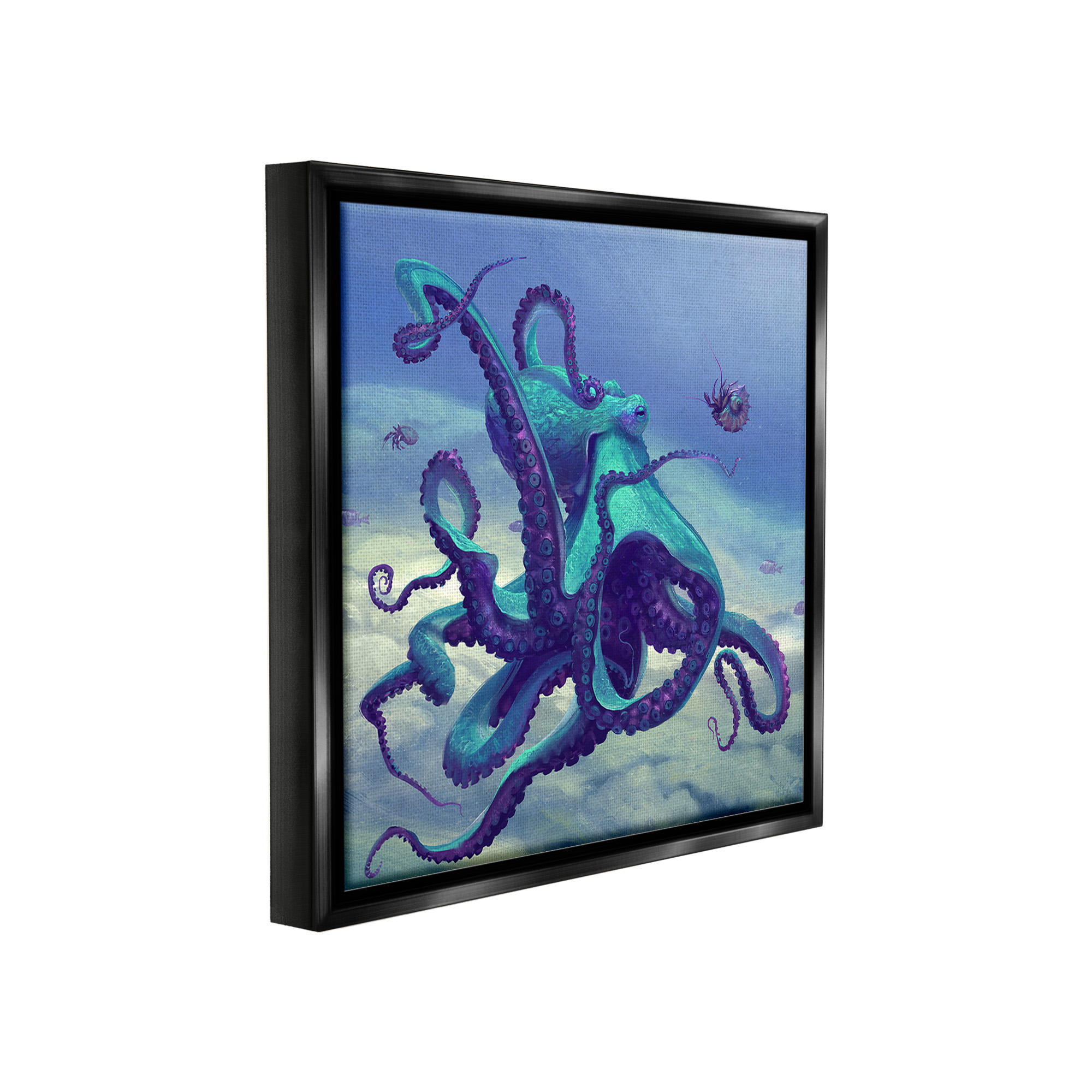 Stupell Industries Vivid Underwater Octopus Animals & Insects Painting Black Floater Framed Canvas Art Print Wall Art, 18 x 18