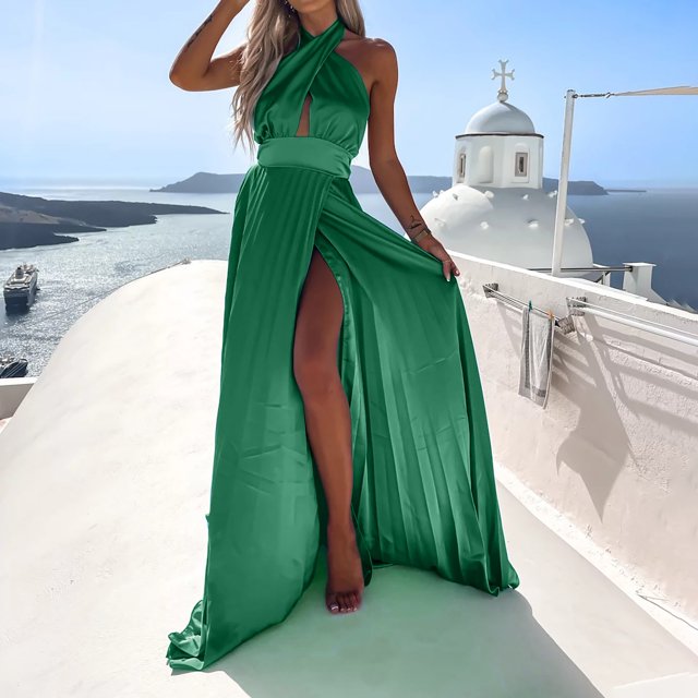 Gspmoly Robes d'Été, Robe d'Été pour Femme Aguichant Unie Sans Manches à Encolure Fendue Ourlet Longues Robes Robe de Cocktail Liquidation