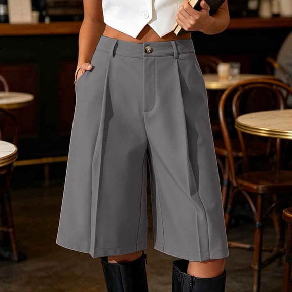 Costeam Womens High Waisted Front Pleated Wide Leg Bermuda Shorts with Side Slant Pockets Button Zip Belt Loops Wrinkle Resistant Tailored Knee Length Dress Shorts