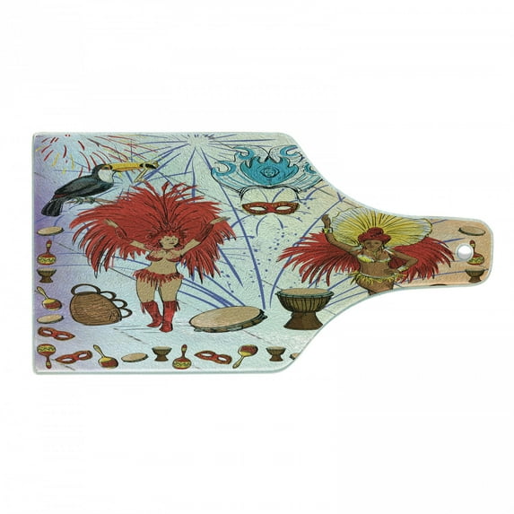 Brasil Cutting Board, Rio Carnical Themed Composition with Samba Girls Musical Instruments Masks, Decorative Tempered Glass Cutting and Serving Board, in 3 Sizes, by Ambesonne