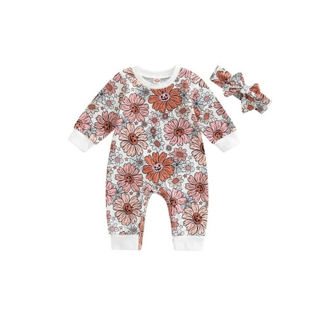 

Binpure Baby Girl’s Long Sleeve Jumpsuit Fashion Pumpkin Flower Printed Long Romper with Headband