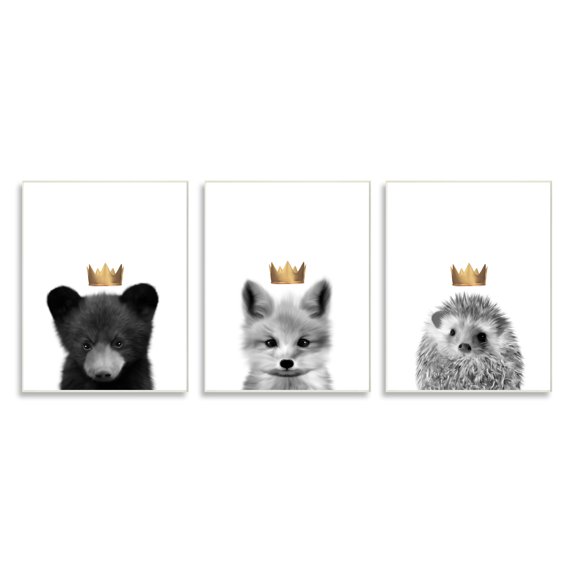 Stupell Indtries Woodland Animals Bold Crowns Black Bear Fox Hedgehog,10 x 15,Design by Leah Straatsma