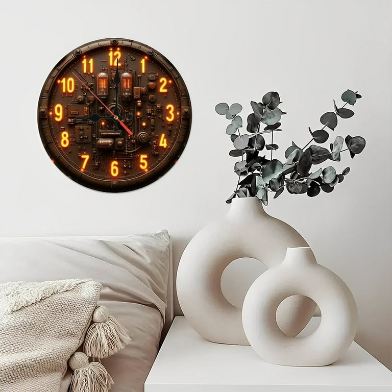 Steampunk Nixie Tube Clock Wall Decor 10-Inch Silent Wooden Wall