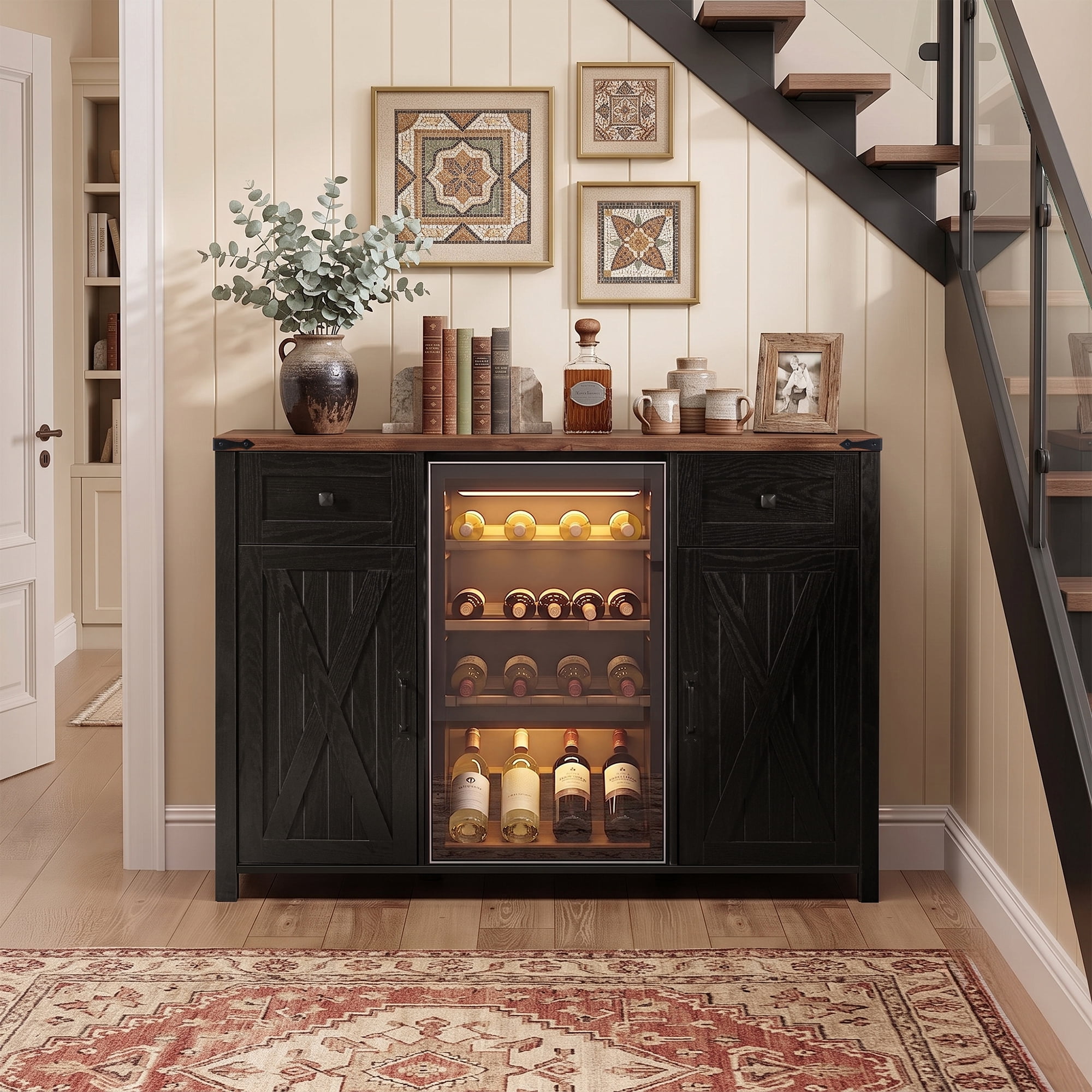Mintazer 53.2" Farmhouse Coffee Bar Cabinet with Fridge Space & Charging Station, Barn Doors Sideboard Buffet Storage Cabinet with Drawers & Wine Glass Rack for Kitchen Dining Room Home Bar, Black