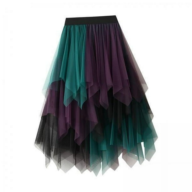 3 Faldas De Tul Para Mujer, Vestido Largo De Malla En Capas, Falda Tutú De Cintura Elástica, Color Violeta Y Verde