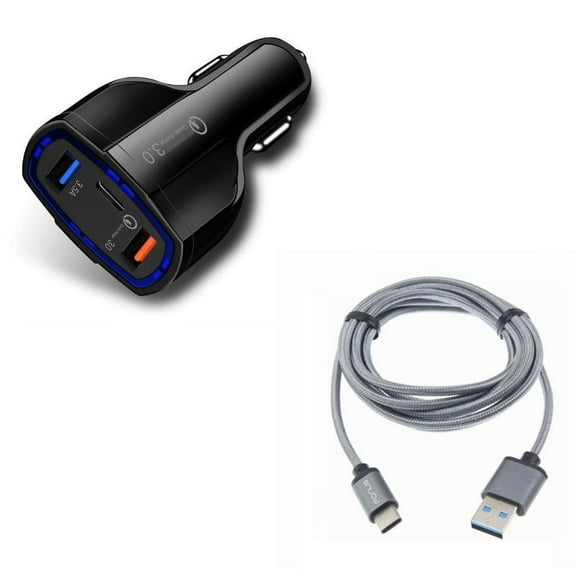 Charger Cord Type-C 10ft USB Cable w 3-Port USB 48W Quick Car Charger M8V for LG Google Nexus 5X, G8 ThinQ, G7 ThinQ, G Pad X II 10.1, Stylo 5 4 Plus - Microsoft Surface Go (10"), Lumia 950