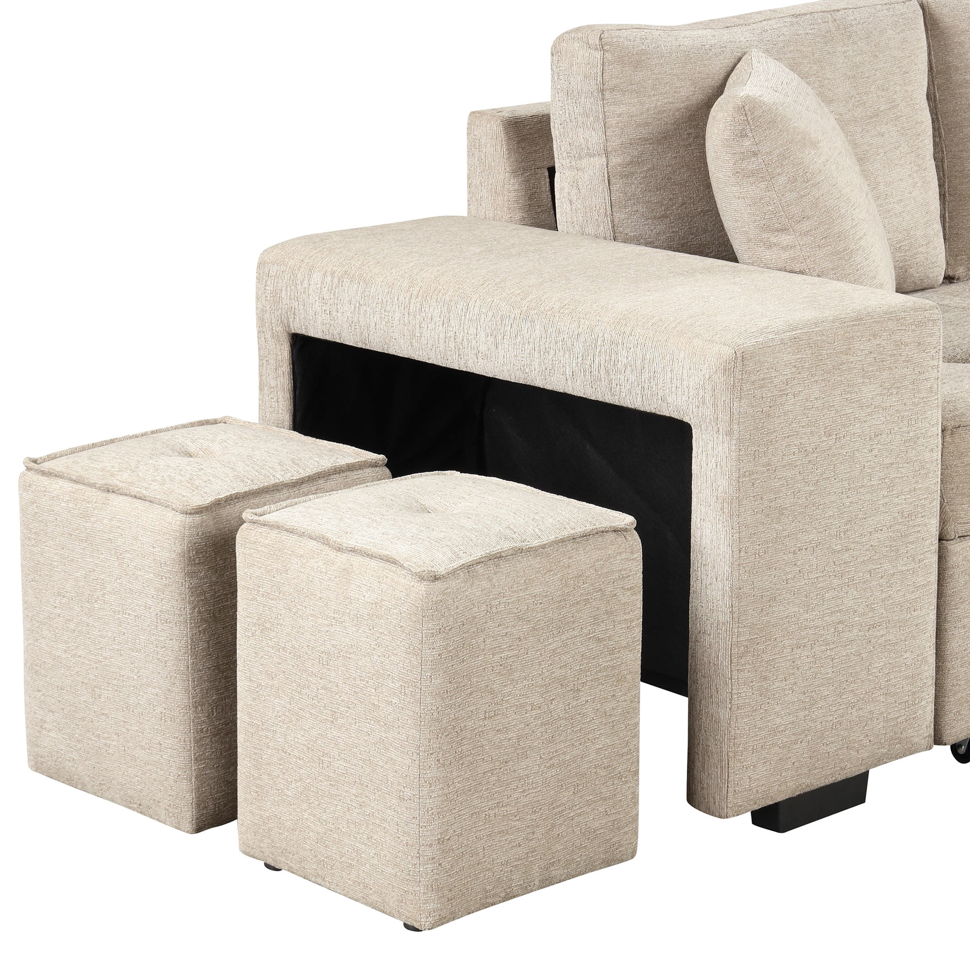 104.5" 3 Seat Reversible Sectional Couch, L-Shape Modern Pull Out Sleeper Sofa with Storage Chaise and 2 Stools for Living Room,khaki