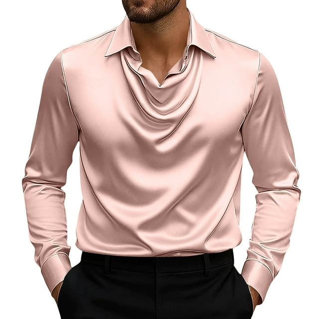 LNWUY Men's Elegant Satin Silk Shirts Cowl Neck Ruched Front Draped Long Sleeve Lapel Spring Fall Work Office Shirt Top Gold M