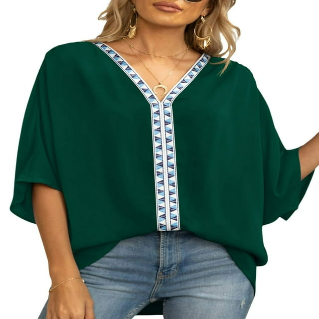 T-Shirt Femme Manches Dolman Col en V Chiffon Mode Urbaine Tops