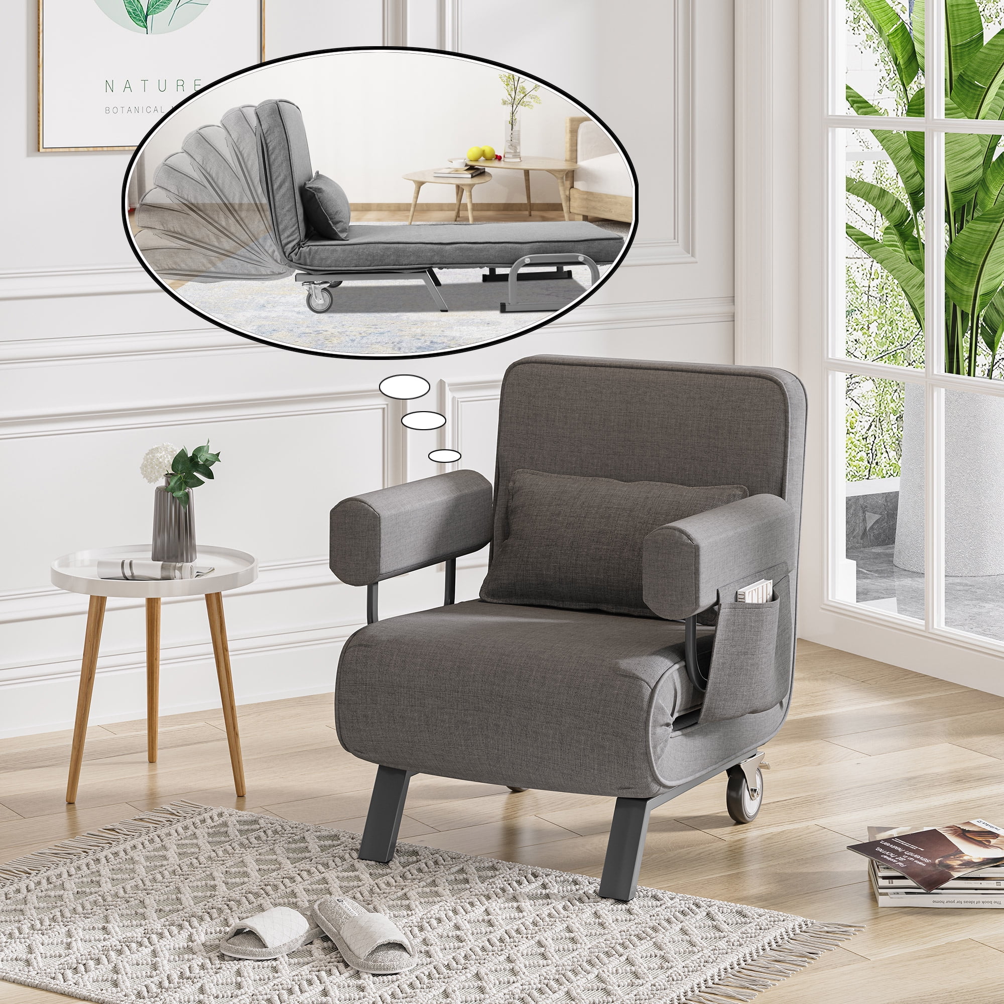 Jaxpety Folding Sofa Bed Sleeper Convertible Armchair Lounge Couch 6 Position W/ Pillow Wheel Design, Leisure Chaise Lounge Couch for Home Office, Light Gray