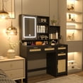 thumbnail image 4 of 57" H Makeup Vanity Table with Lights in 3 Colors & Openable Mirror, Large Vanity Desk with 4 Drawers & 1 Cabinets & Shelves, Rattan Vanity Dresser, for Bedroom, Black, 4 of 9
