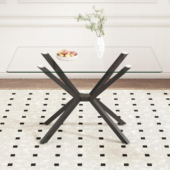 IANIYA 51.2" Rectangular Glass Dining Table, Clear Tempered Kitchen Table with Black Metal Legs, Modern Dinner Table for Kitchen Dining Room
