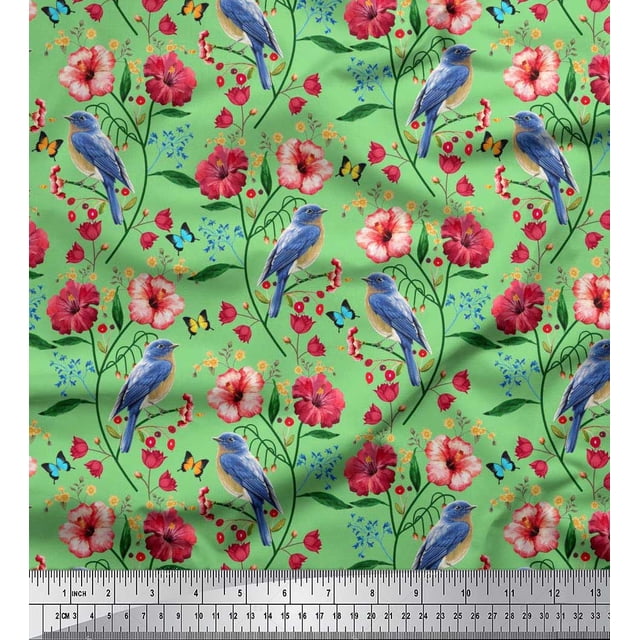 Soimoi Green Poly Georgette Fabric Insect,Floral & Bluebird Bird Print Sewing Fabric BTY 52 Inch Wide