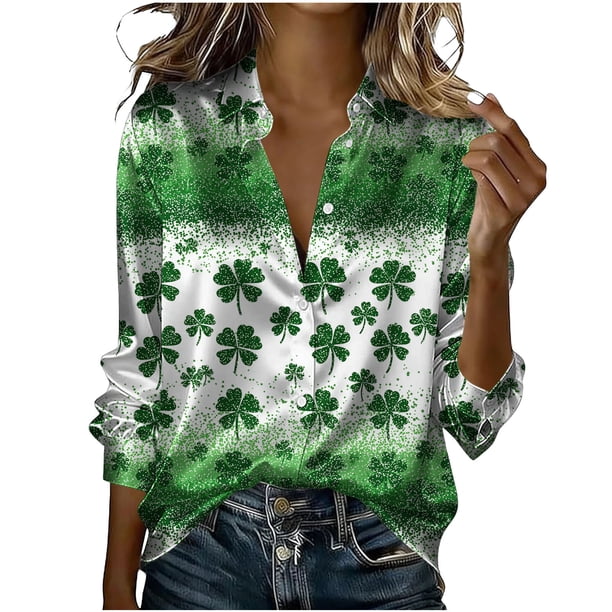 Tops de Manga Larga de las Mujeres Casual St Patrick'S Day Unisex Imprimir Botón Arriba Blusa de Cuello Giratorio Tops de Manga Larga de las Mujeres de Moda