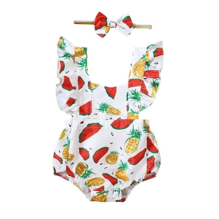 

Kucnuzki Infant Baby Girl Clothes 12 Months Summer Bodysuit 18 Months Fly Sleeve Sweet Watermelon Prints Cozy Romper Bodysuit Headband 2PCS Set White