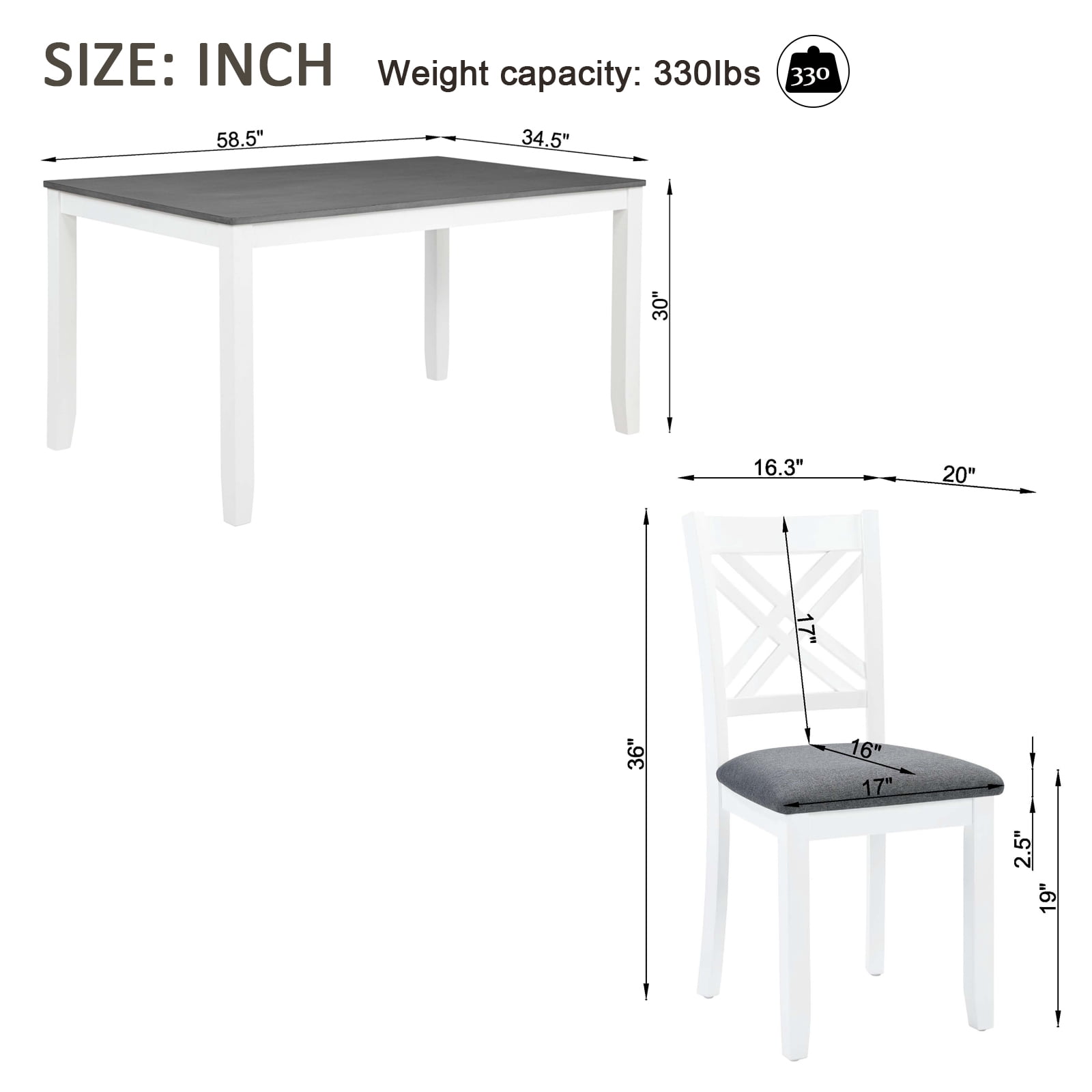 7 Piece Dining Set for 6, 58.5" Rectangular Dining Table with 6 Upholstered Chairs