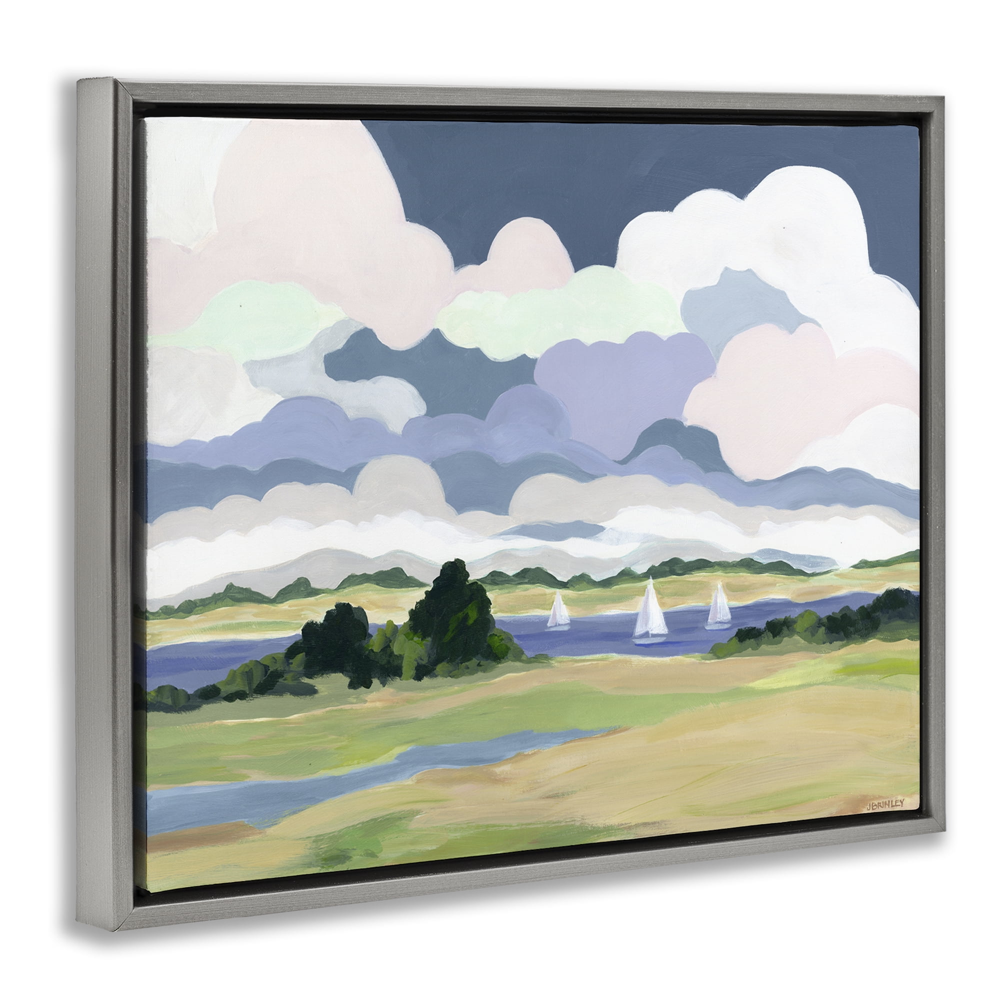 Stupell Industries Billowing Clouds Countryside Landscape & Nature Painting Gray Floater Framed Canvas Art Print Wall Art, 31 x 25