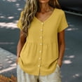 thumbnail image 4 of Women's Blouses Breathable Casual Cotton Linen Tops Crew Neck Short Sleeve Button Down Tee Summer Shirts Yellow L, 4 of 8