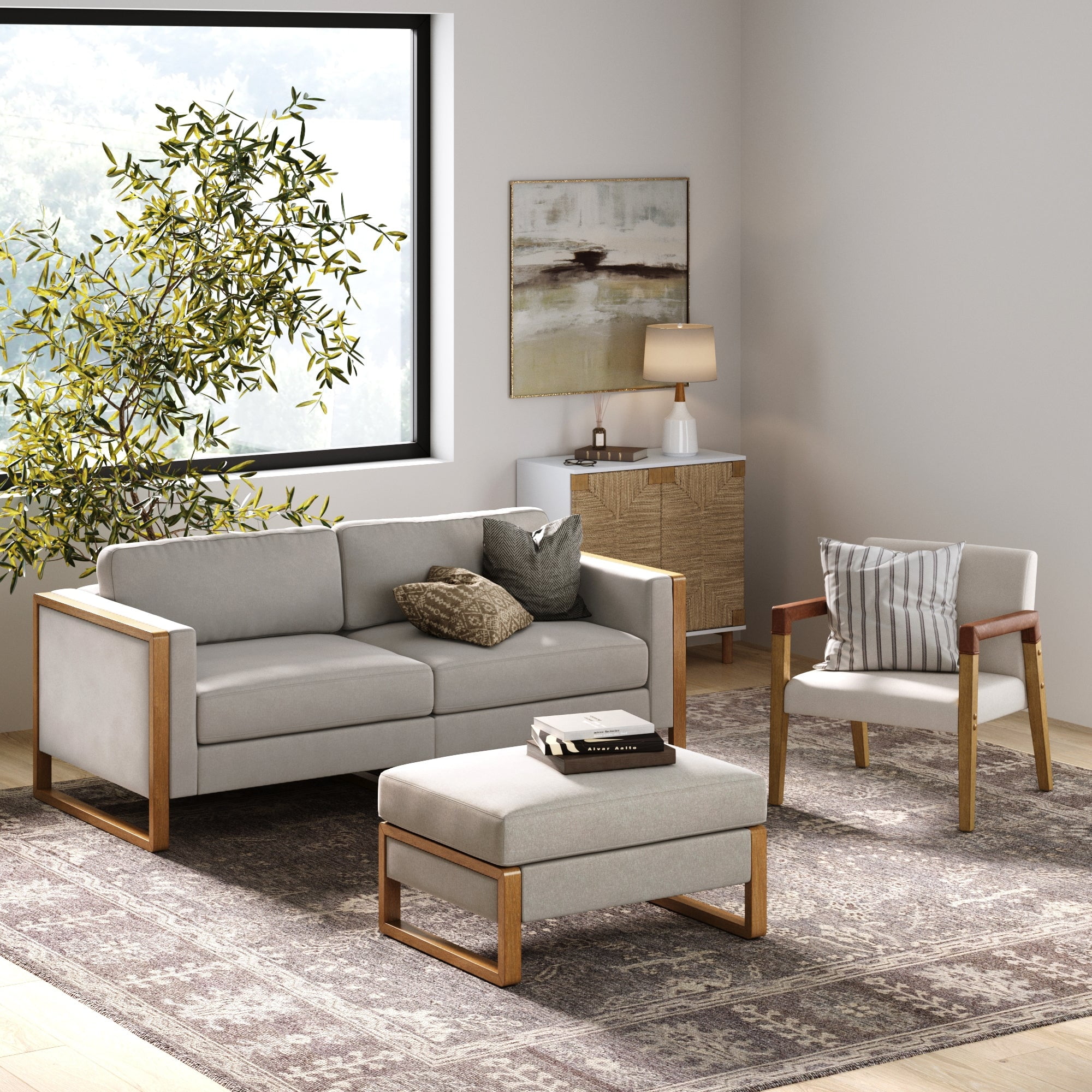 Nathan James Madison Modern 2-Seater Sofa Set with Storage Ottoman, Upholstered Modular Sofa with Cushion and Solid Wood Legs, Sand/Light Brown
