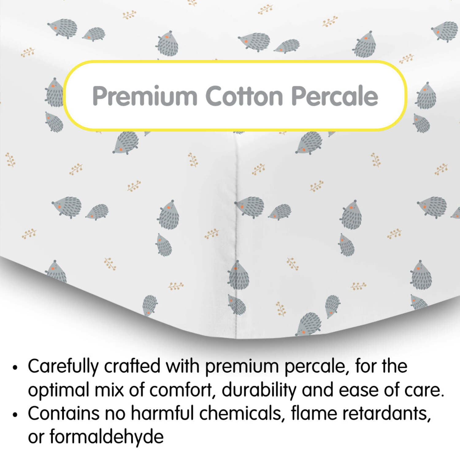 BreathableBaby Cotton Percale Fitted Sheet, For 52" x 28"/132 x 71 cm Crib Toddler Bed Mattress, Hedgehogs (2-Pack)