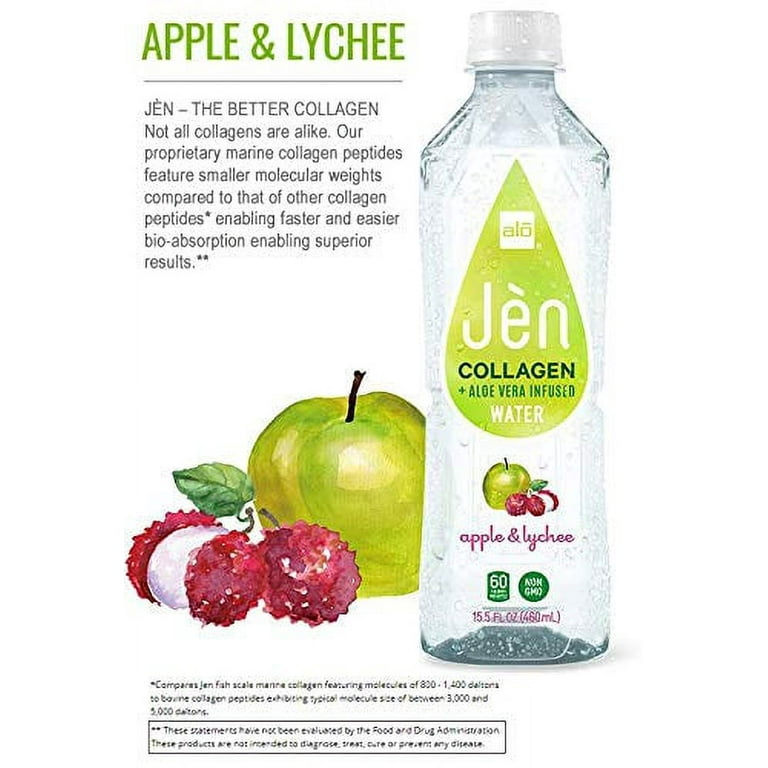 JEN | Collagen + Aloe Vera Infused Water | Apple & Lychee Flavor| 15.5 FL  OZ (460mL) Bottle