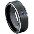 thumbnail image 1 of 0.05ctw Princess Cut Blue Sapphire Tungsten Ring - 8MM Polished Black IP Stepped Edge Tungsten Carbide Wedding Band - September Birthstone Ring - 14kt Yellow Gold Bezel - TN118PSG-1SPs10, 1 of 2